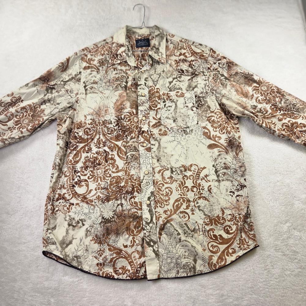 Indigo Palms Tommy Bahama Mens XL Brown Damask Floral Snap Button Shirt Cotton